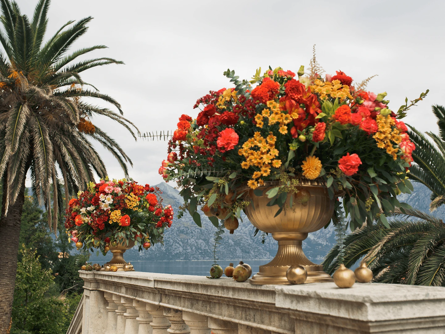 Custom floral installation in the courtyard of a stone villa estate near Omodos, designed for a luxury wedding ceremony.