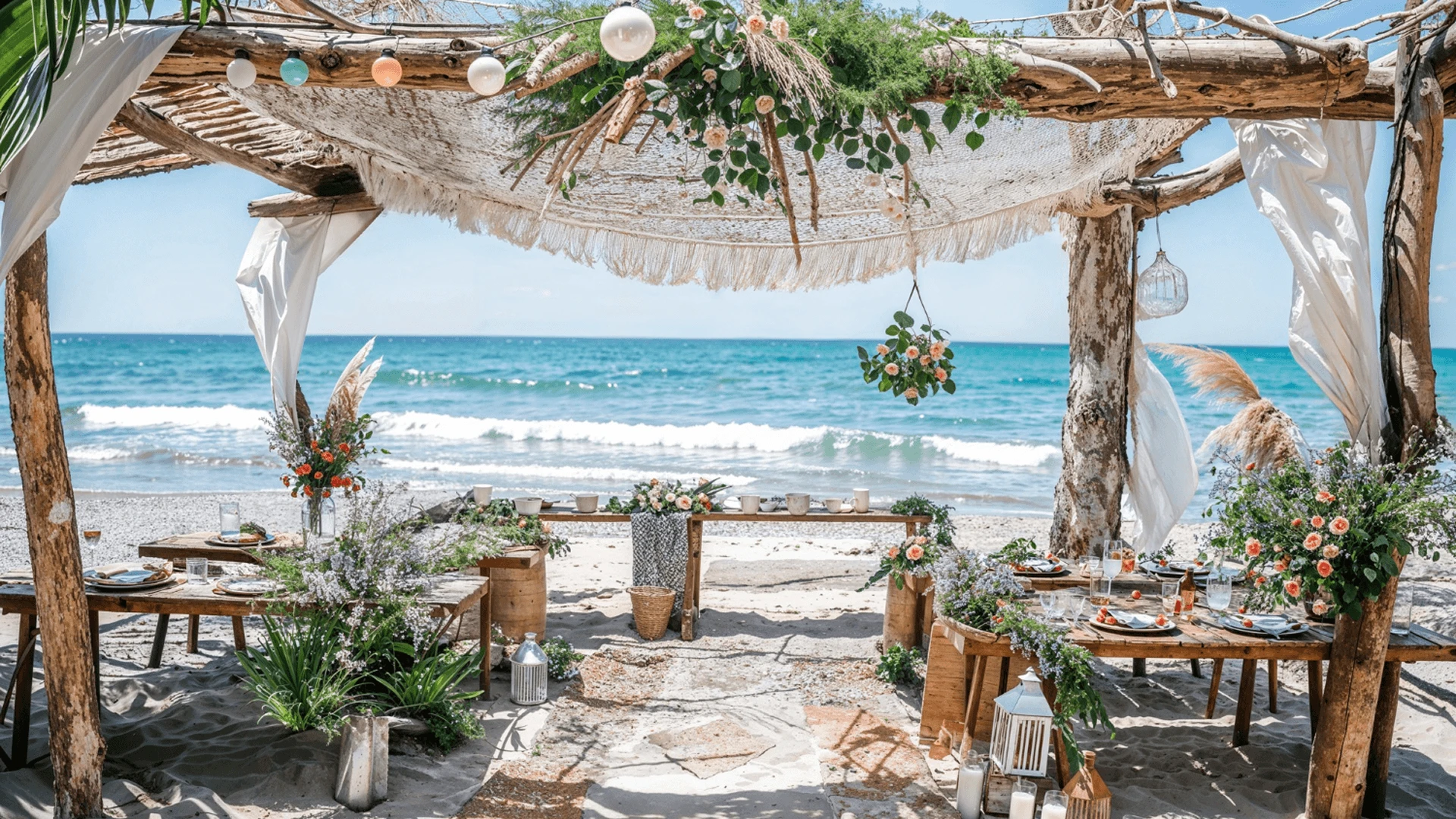 Elegant daytime wedding ceremony setup with a white carpet aisle and floral arch overlooking the Cyprus coastline.