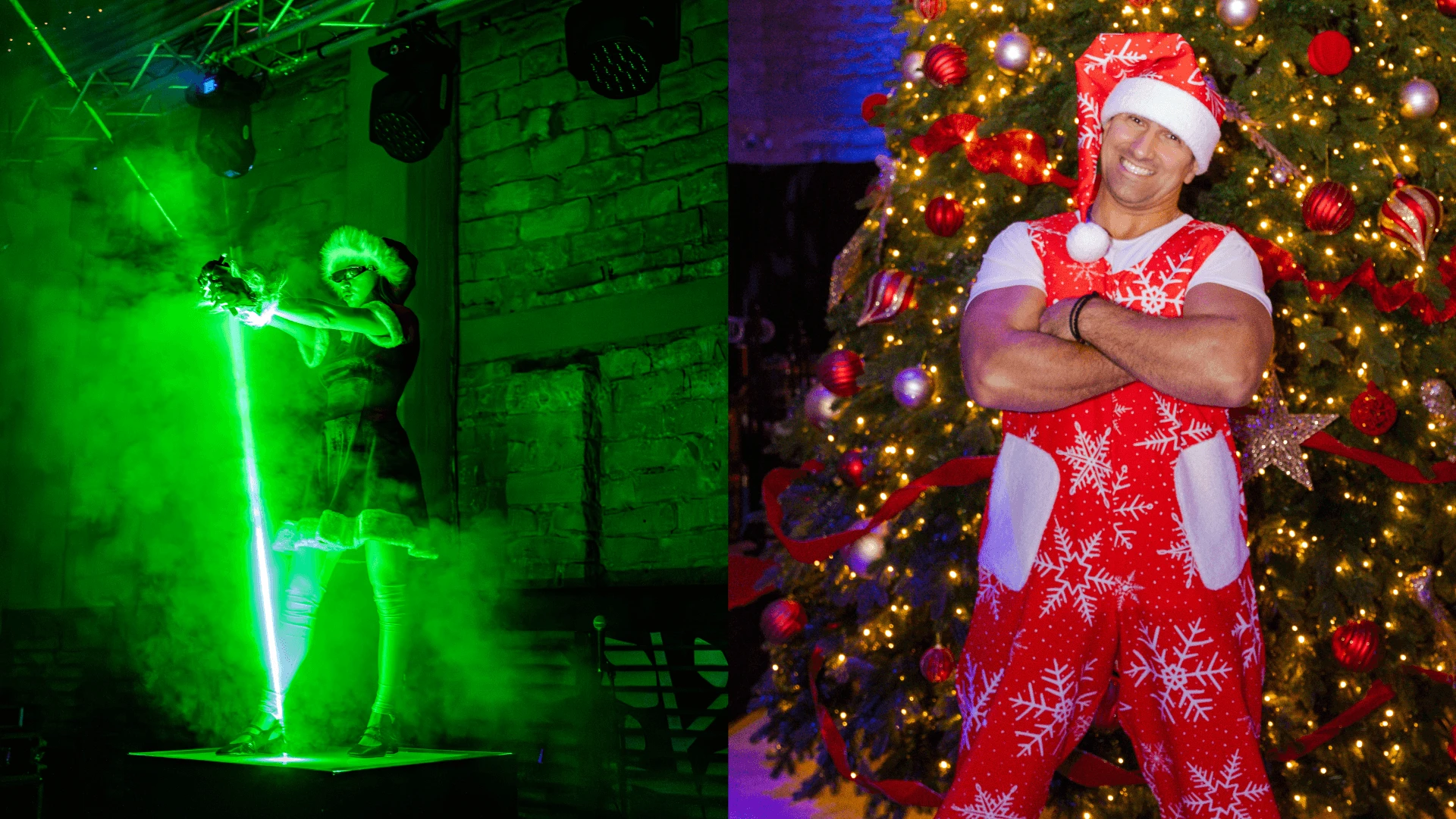 Two-part image: a laser show performer in green stage lighting and a costumed host beside a decorated tree