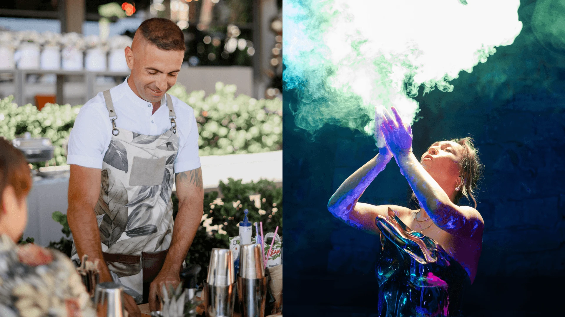 Two-part image: a bartender preparing drinks at an outdoor bar, and a performer with a vapour effect on stage
