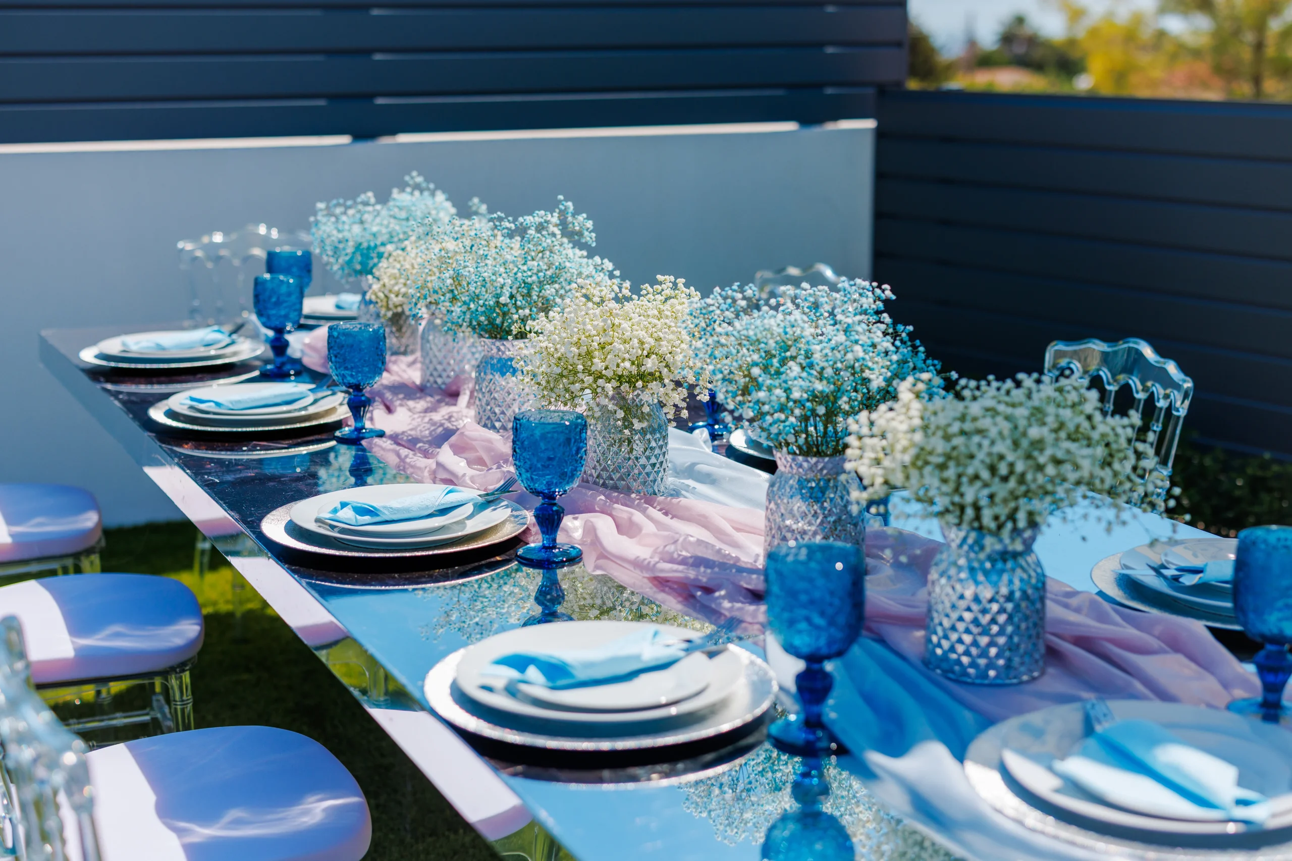 Table setting in blue tones for a christening, Cyprus